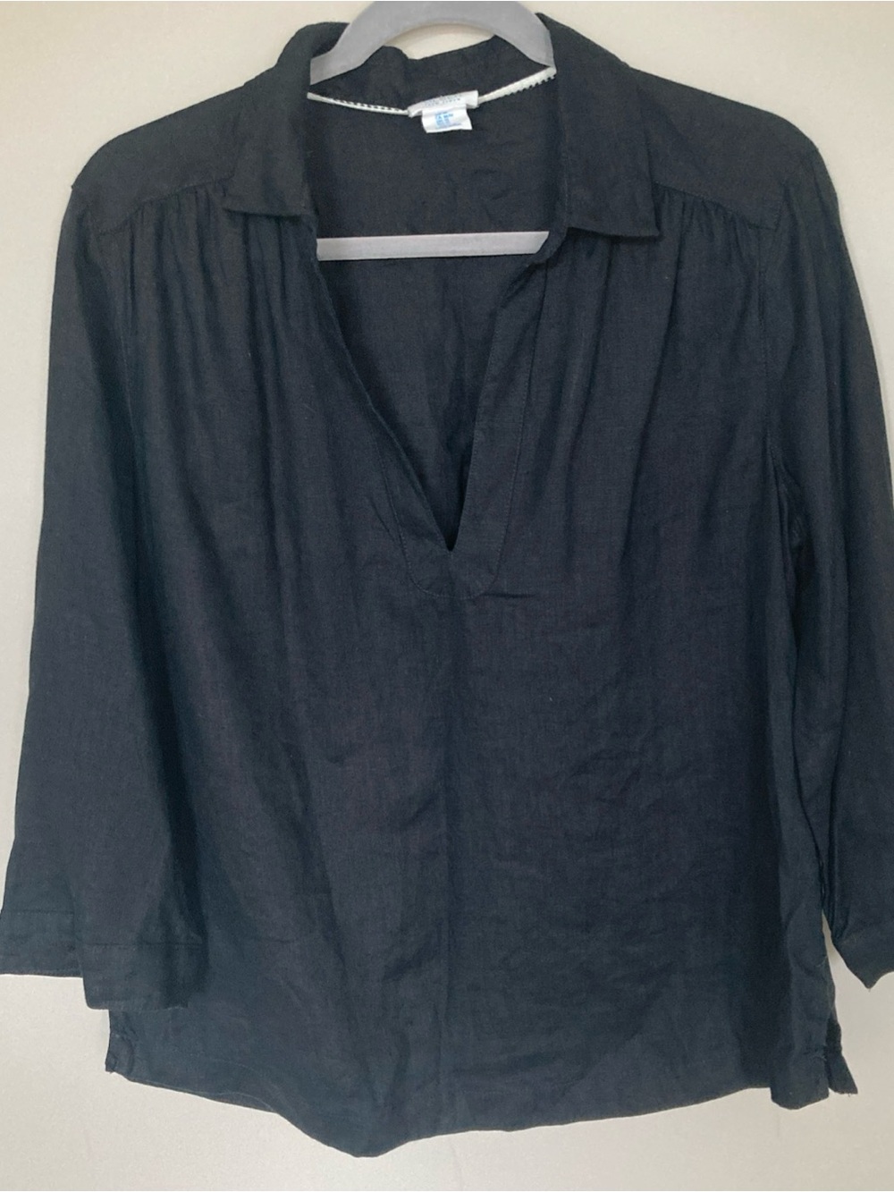Sigrid Olsen 100% Linen Top M Black Popover 3/4 Sleeve VNeck Collared Lagenlook